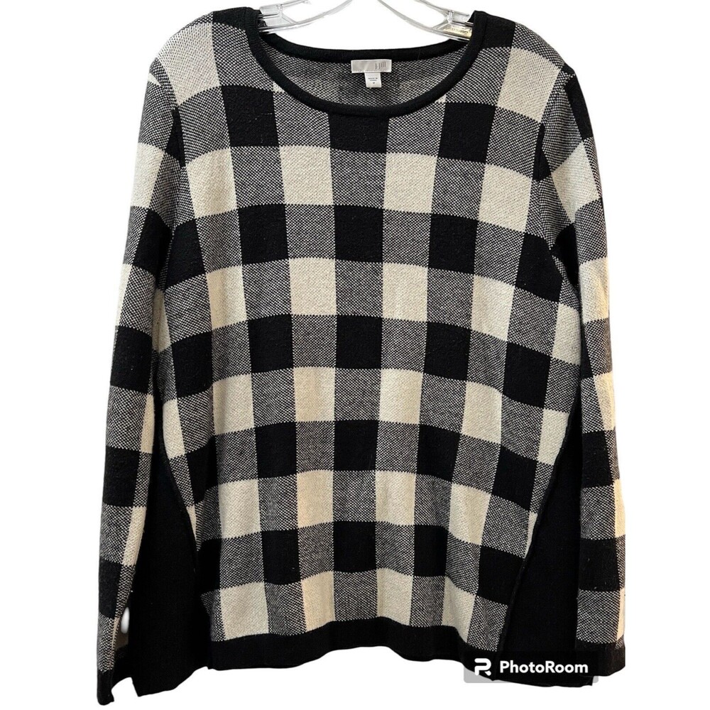 J Jill Buffalo Check Jacquard Knit Cotton Wool Blend Pullover Black Whit…